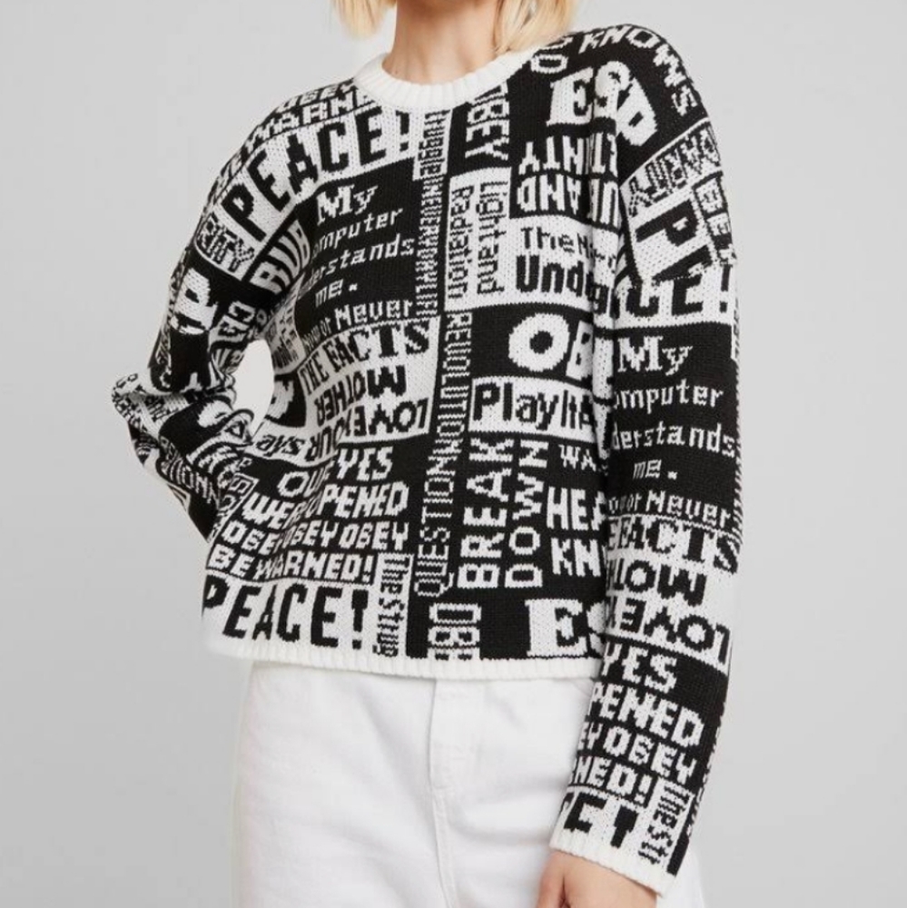Obey Black & White Newsprint "Peace" Crewneck Sweater - Picture 2 of 7